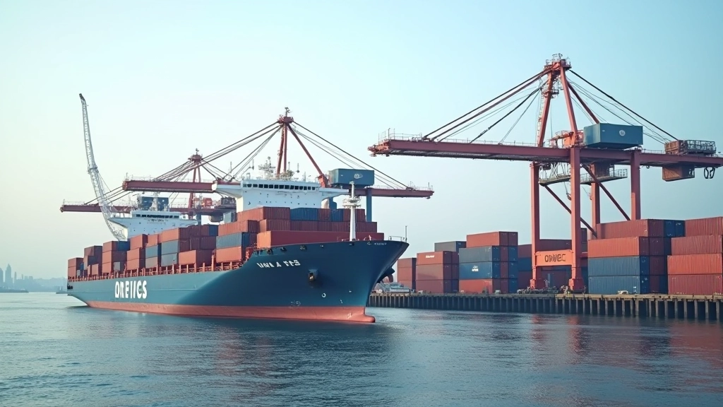 Přístav s kontejnery a lodí, dovoz zboží, logistika a mezinárodní doprava, modrý oceán