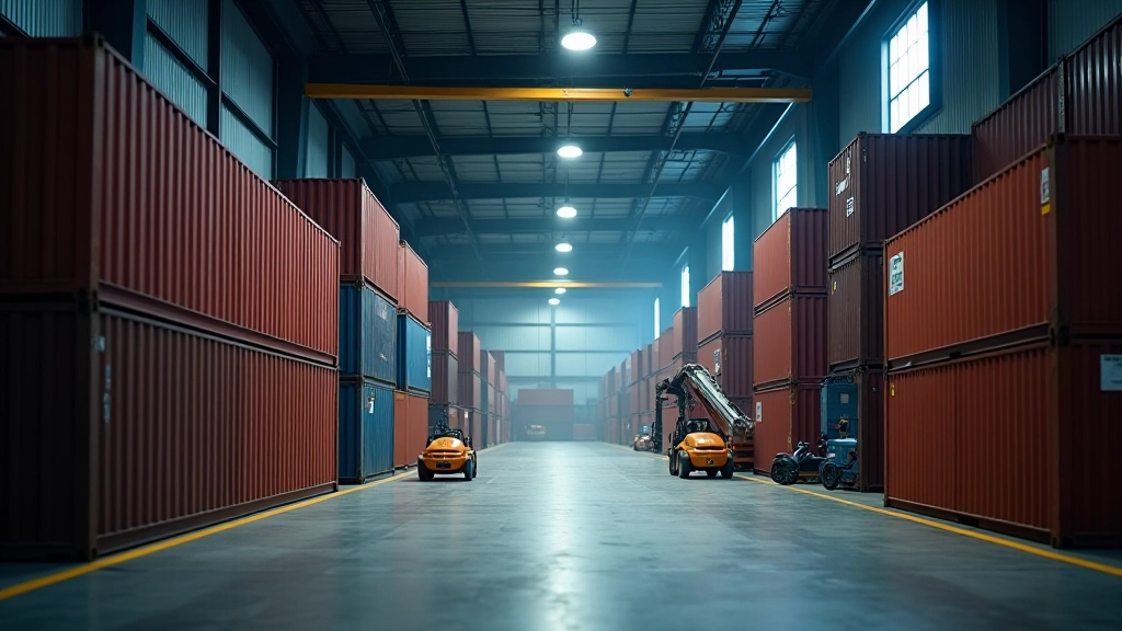 Průmyslový sklad s kontejnery a logistickou infrastrukturou, přípravy zboží k exportu