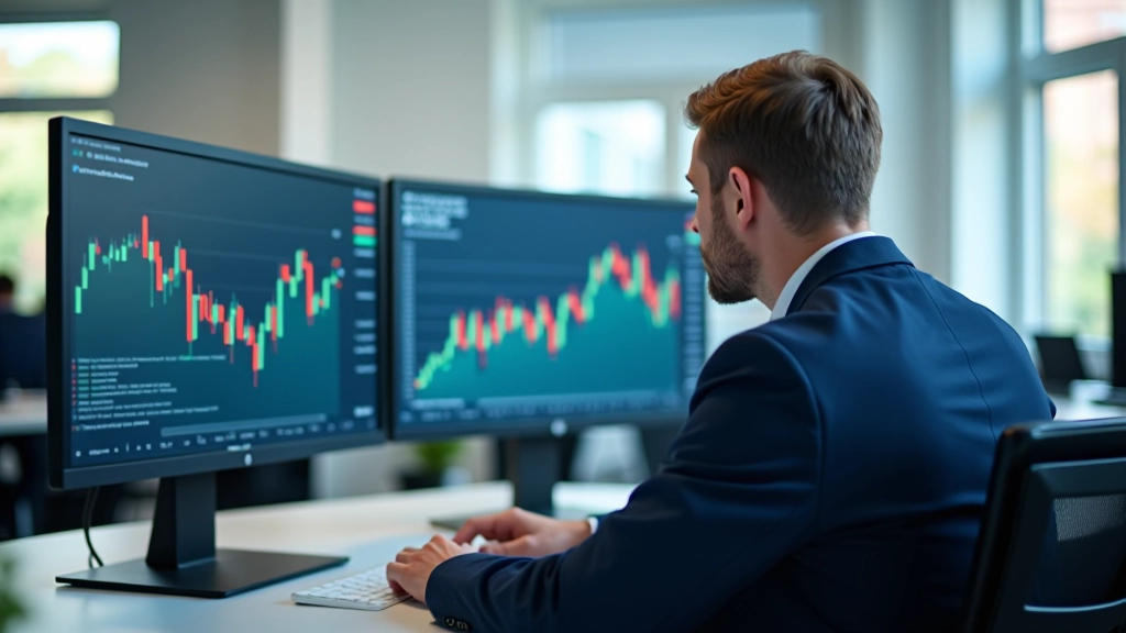 Moderní kancelářský prostor s počítači a ekonomickými grafy